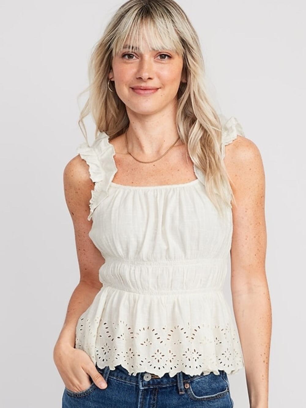 Old Navy Sleeveless 100% cotton Ruffle-Trim Embroidered Babydoll Blouse